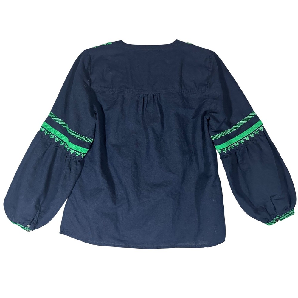 J.Crew Embroidered Boho Peasant Tassel Top Sz 8 Linen Cotton Navy Blue Green - Picture 3 of 12